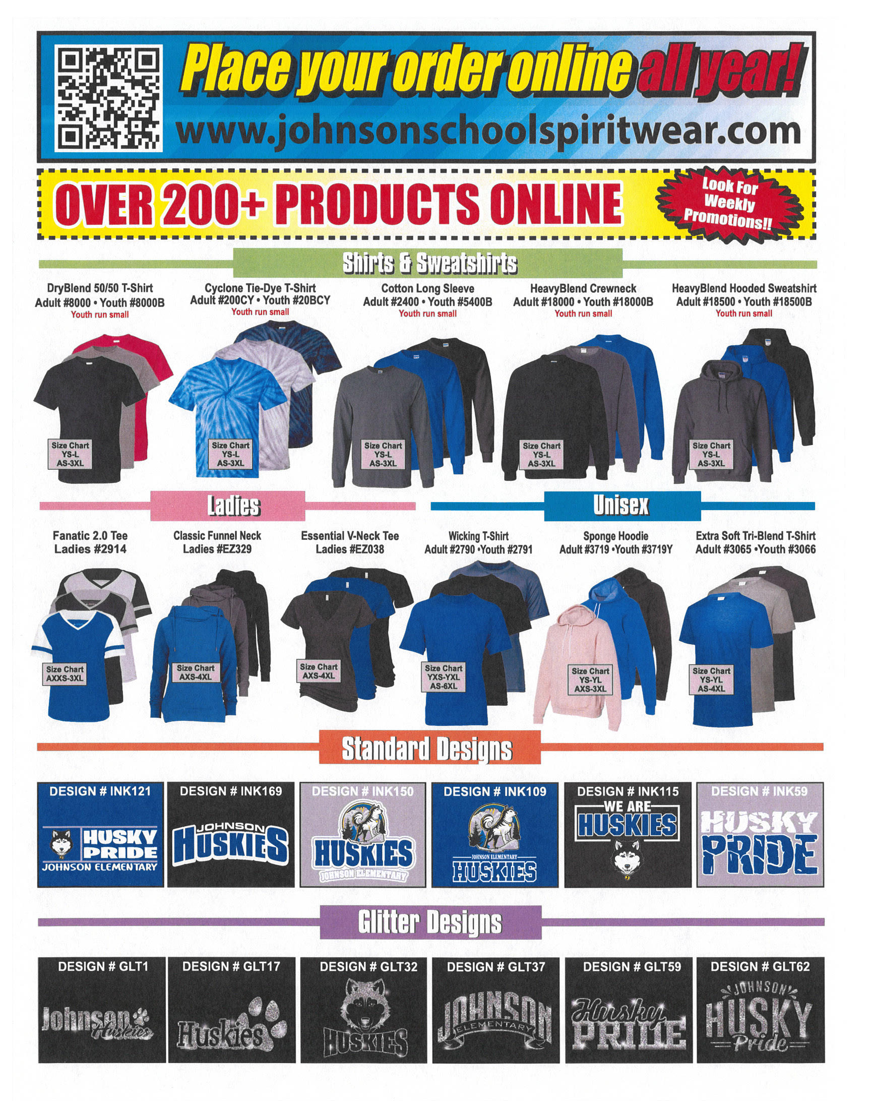 QR Code: Link to www.johnsonschoolspiritwear.com - Place your order online all year! Over 200+ products online